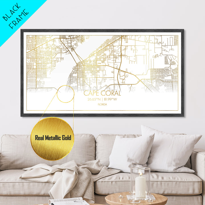 Cape Coral Florida City Poster, Metallic Gold Art, Metal Art, real wood frames, black and gold, Street Map Art, Map Print Poster, Travel Poster