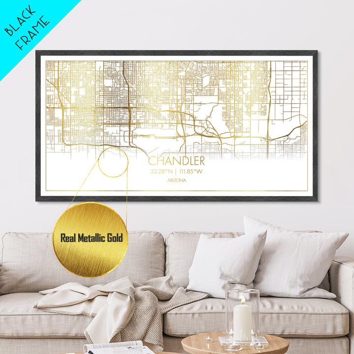 Chandler Arizona City street map, Metallic Gold Print, Metal Art, wood framed map, black and gold, Street Map Art, Housewarming Gift