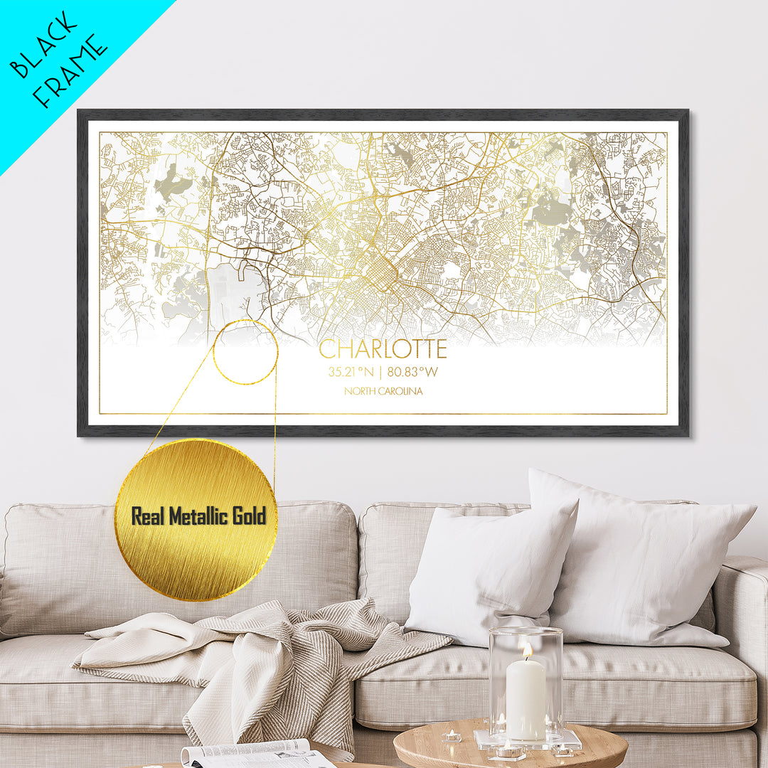 Charlotte North Carolina City Poster, Metallic Gold Art, Metal Art, real wood frames, black and gold, Street Map Wall Art, Gold Street Map Art
