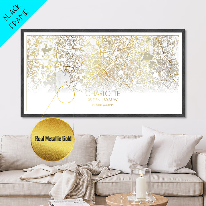 Charlotte North Carolina City Poster, Metallic Gold Art, Metal Art, real wood frames, black and gold, Street Map Wall Art, Gold Street Map Art
