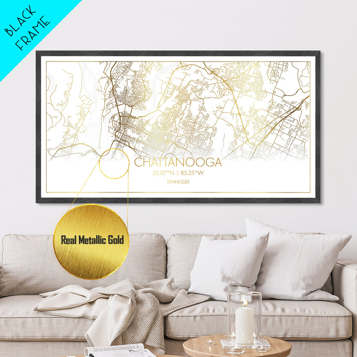 Chattanooga Tennessee City street map, Metallic Gold Print, Metal Art, wood framed map, black and gold, Modern Wall Art, Map Art, Travel Poster