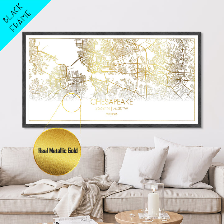 Chesapeake Virginia City Poster, Metallic Gold Art, Metal Art, real wood frames, black and gold, Street Map Art, Minimalist Wall Art, Office Decor