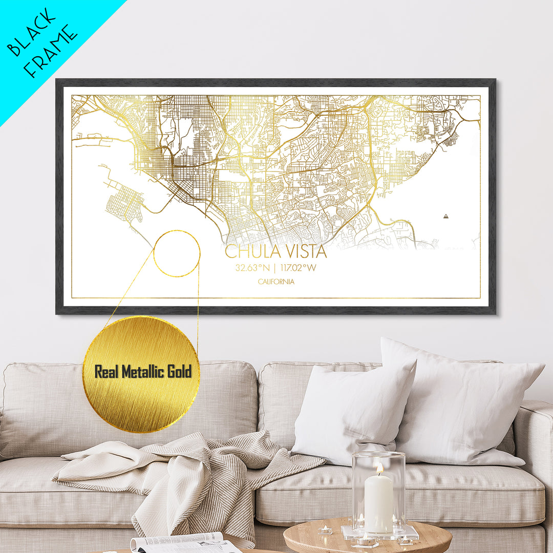Chula Vista California City Poster, Metallic Gold Art, Metal Art, real wood frames, black and gold, Map Print Poster, Travel Poster, Modern House Art