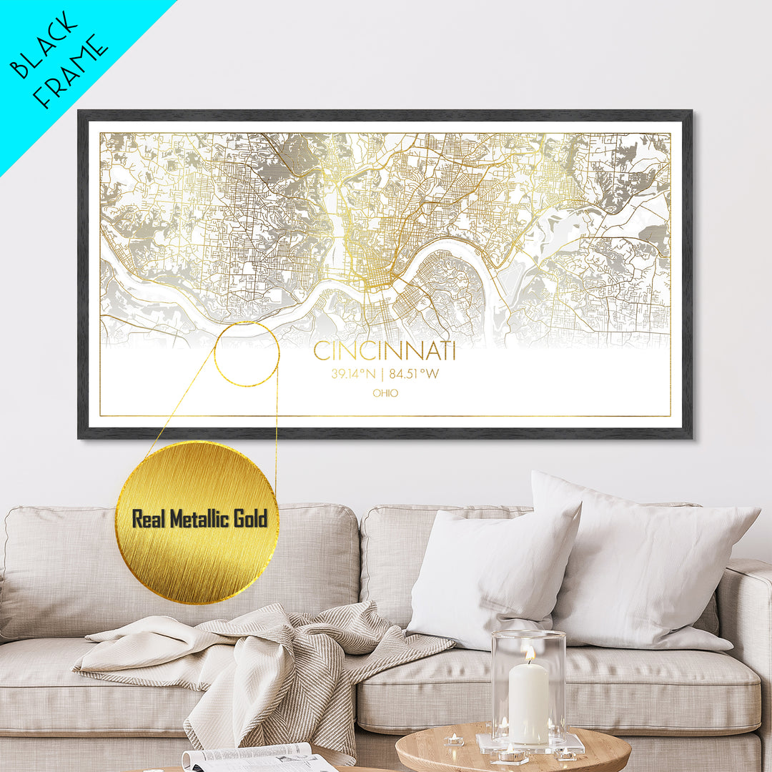 Cincinnati Ohio City street map, Metallic Gold Print, Metal Art, wood framed map, black and gold, Gold Street Map Art, Street Map Art, Best Friend Gifts