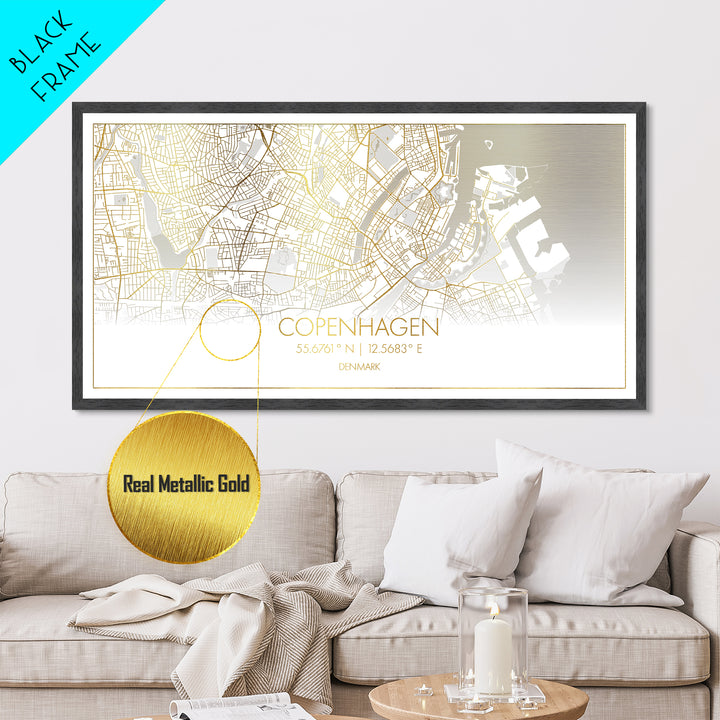 Copenhagen Denmark City street map, Metallic Gold Print, Metal Art, wood framed map, black and gold, Travel Poster, Street Map Art, Modern Wall Art
