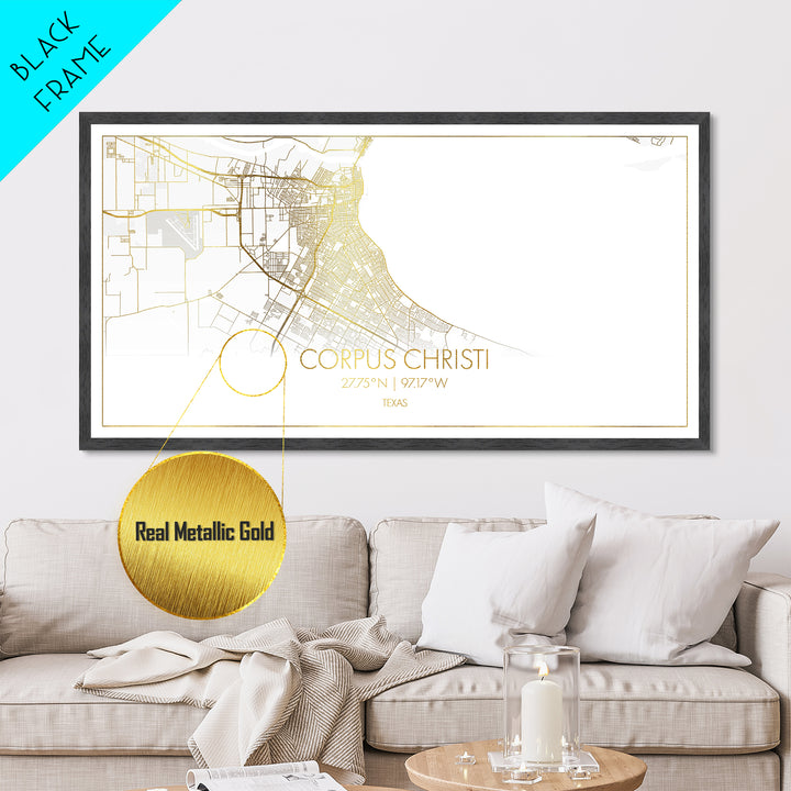 Corpus Christi Texas City Poster, Metallic Gold Art, Metal Art, real wood frames, black and gold, Street Map Art, Gold Street Map Art, Office Decor