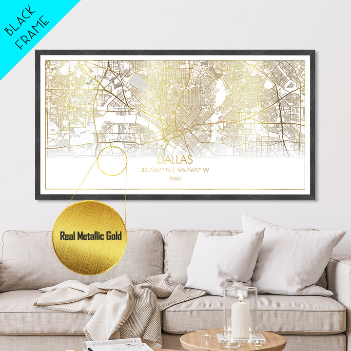 Dallas Texas City street map, Metallic Gold Print, Metal Art, wood framed map, black and gold, Street Map Wall Art, College Dorm Décor, Minimalist Wall Art