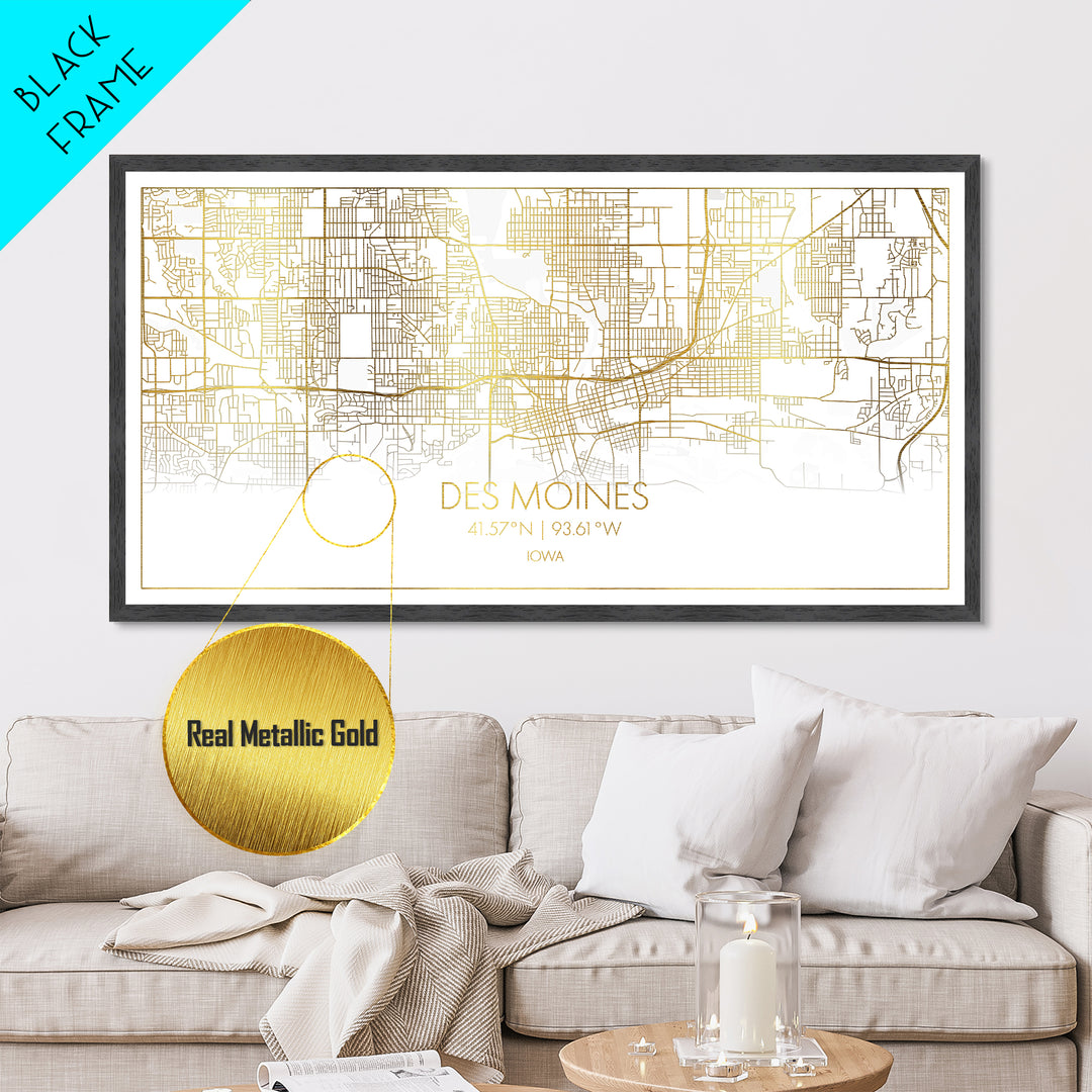 Des Moines Iowa City Poster, Metallic Gold Art, Metal Art, real wood frames, black and gold, Street Map Wall Art, Housewarming Gift, Map Art