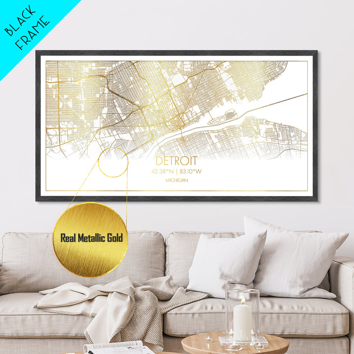 Detroit Michigan City street map, Metallic Gold Print, Metal Art, wood framed map, black and gold, Street Map Art, Map Print Poster