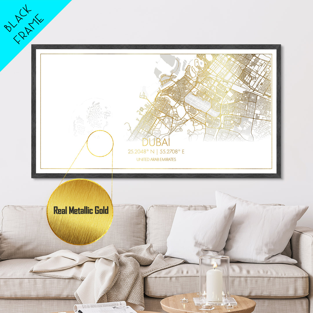Dubai United Arab Emirates City Poster, Metallic Gold Art, Metal Art, real wood frames, black and gold, Street Map Art, Travel Poster, Gold Street Map Art