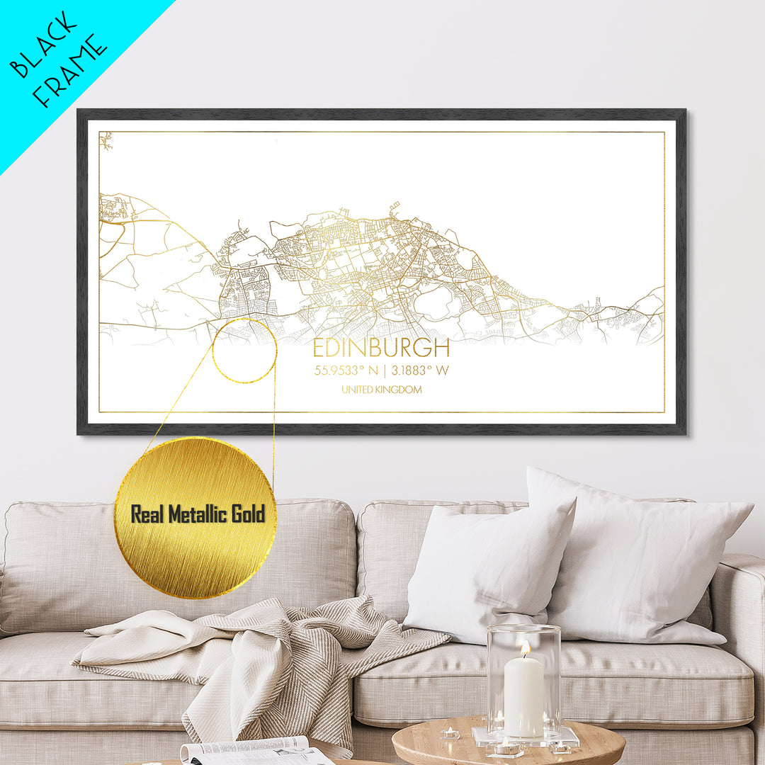 Edinburgh United Kingdom City street map, Metallic Gold Print, Metal Art, wood framed map, black and gold, Street Map Art, Travel Poster, Modern Wall Art