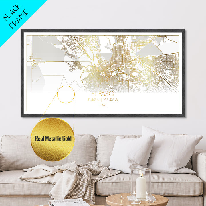El Paso Texas City street map, Metallic Gold Print, Metal Art, wood framed map, black and gold, Street Map Art, Housewarming Gift