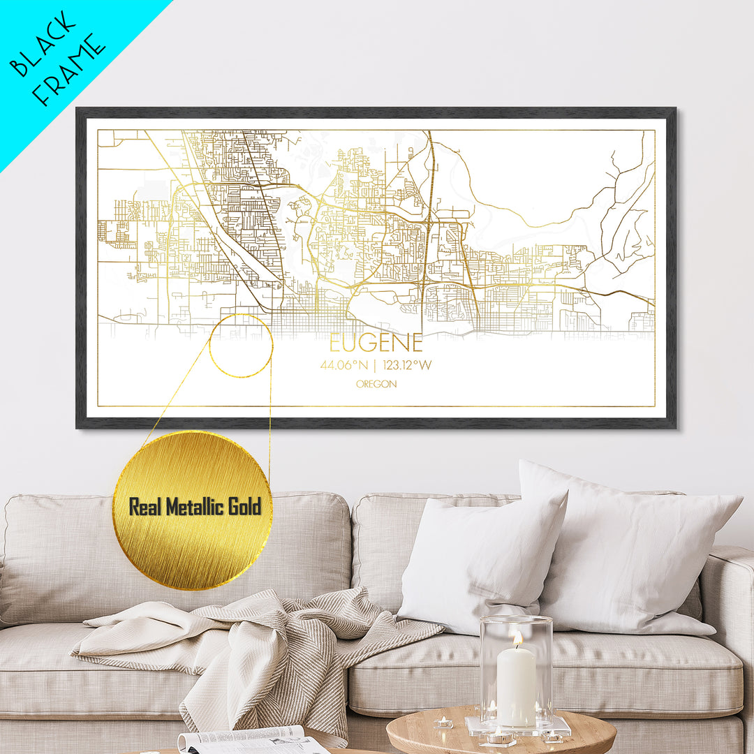 Eugene Oregon City Poster, Metallic Gold Art, Metal Art, real wood frames, black and gold, Travel Poster, Street Map Wall Art, Real Wood Frames