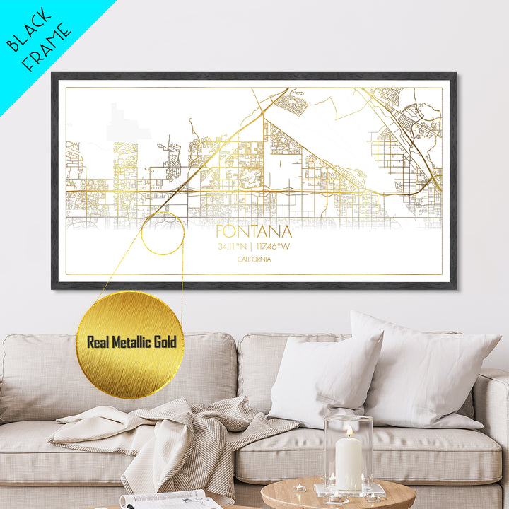 Fontana California City Poster, Metallic Gold Art, Metal Art, real wood frames, black and gold, Street Map Wall Art, Gold Street Map Art
