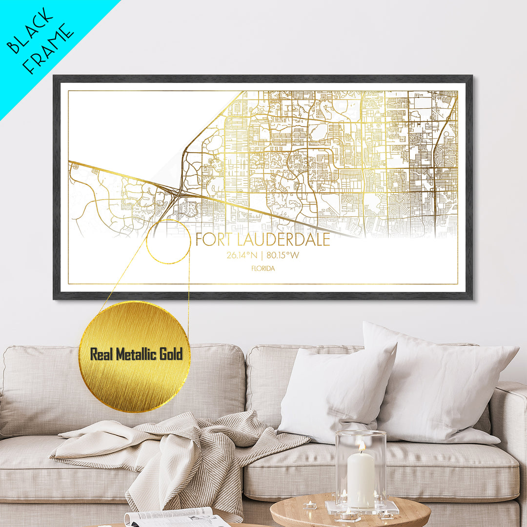 Fort Lauderdale Florida City street map, Metallic Gold Print, Metal Art, wood framed map, black and gold, Street Map Art, Housewarming Gift