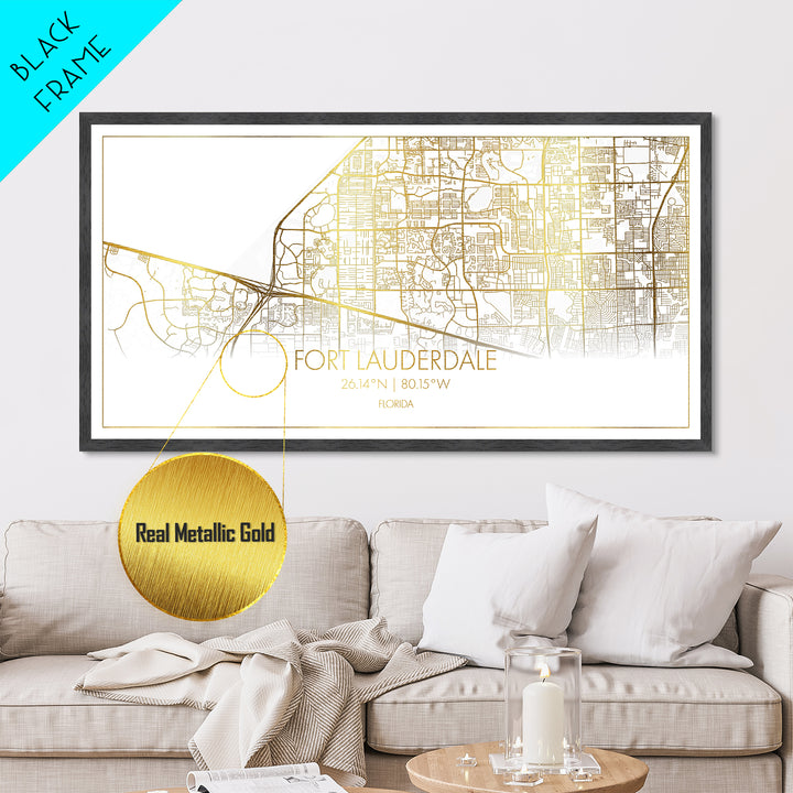 Fort Lauderdale Florida City street map, Metallic Gold Print, Metal Art, wood framed map, black and gold, Street Map Art, Housewarming Gift