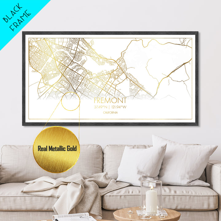 Fremont California City Poster, Metallic Gold Art, Metal Art, real wood frames, black and gold, Street Map Wall Art, Best Friend Gifts