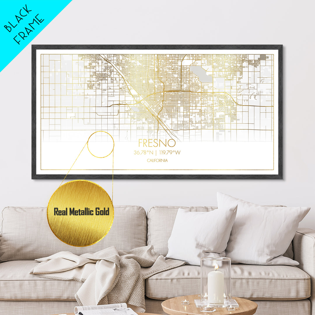 Fresno California City street map, Metallic Gold Print, Metal Art, wood framed map, black and gold, Street Map Art, Map Print Poster