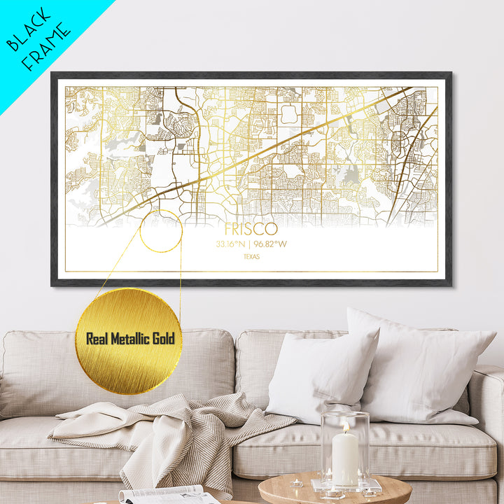 Frisco Texas City Poster, Metallic Gold Art, Metal Art, real wood frames, black and gold, Street Map Wall Art, College Dorm Décor, Office Decor