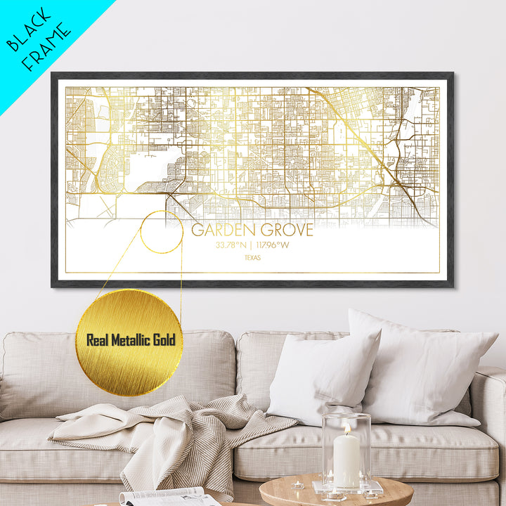 Garden Grove California City street map, Metallic Gold Print, Metal Art, wood framed map, black and gold, Street Map Art, Gold Street Map Art