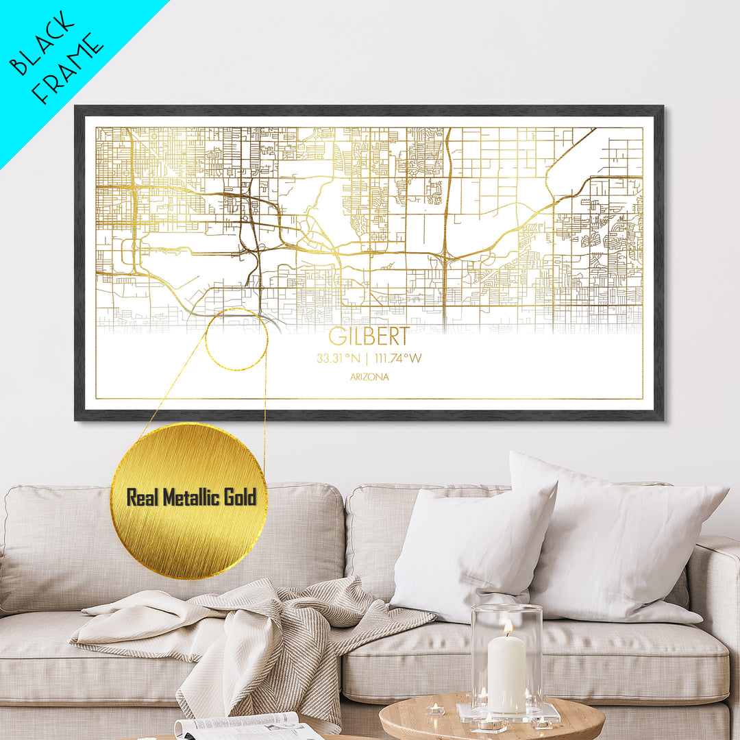 Gilbert Arizona City street map, Metallic Gold Print, Metal Art, wood framed map, black and gold, Street Map Art, Housewarming Gift, Map Art