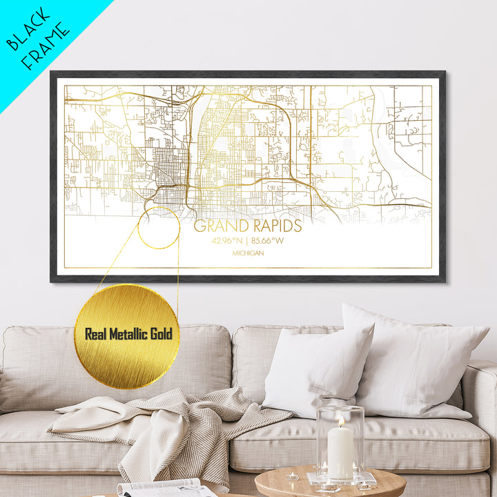 Grand Rapids Michigan City street map, Metallic Gold Print, Metal Art, wood framed map, black and gold, Street Map Art, Housewarming Gift