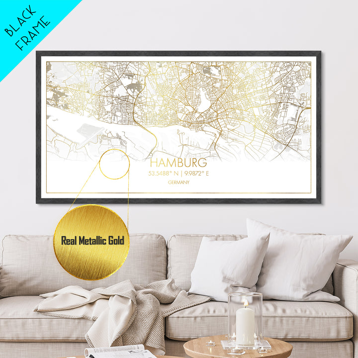 Hamburg Germany City street map, Metallic Gold Print, Metal Art, wood framed map, black and gold, Street Map Art, Travel Poster