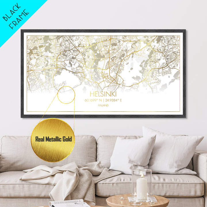 Helsinki Finland City Poster, Metallic Gold Art, Metal Art, real wood frames, black and gold, Street Map Wall Art, Map Art