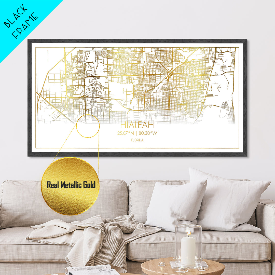 Hialeah Florida City Poster, Metallic Gold Art, Metal Art, real wood frames, black and gold, Street Map Wall Art, Map Print Poster