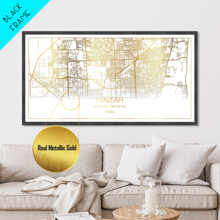 Hialeah Florida City Poster, Metallic Gold Art, Metal Art, real wood frames, black and gold, Street Map Wall Art, Map Print Poster