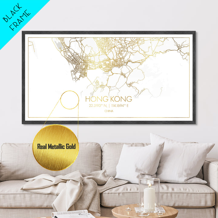 Hong Kong China City street map, Metallic Gold Print, Metal Art, wood framed map, black and gold, Street Map Art, College Dorm Décor