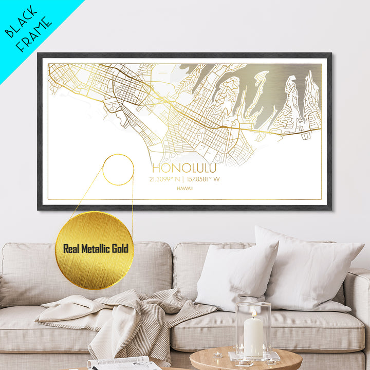 Honolulu Hawaii City Poster, Metallic Gold Art, Metal Art, real wood frames, black and gold, Street Map Wall Art, Best Friend Gifts