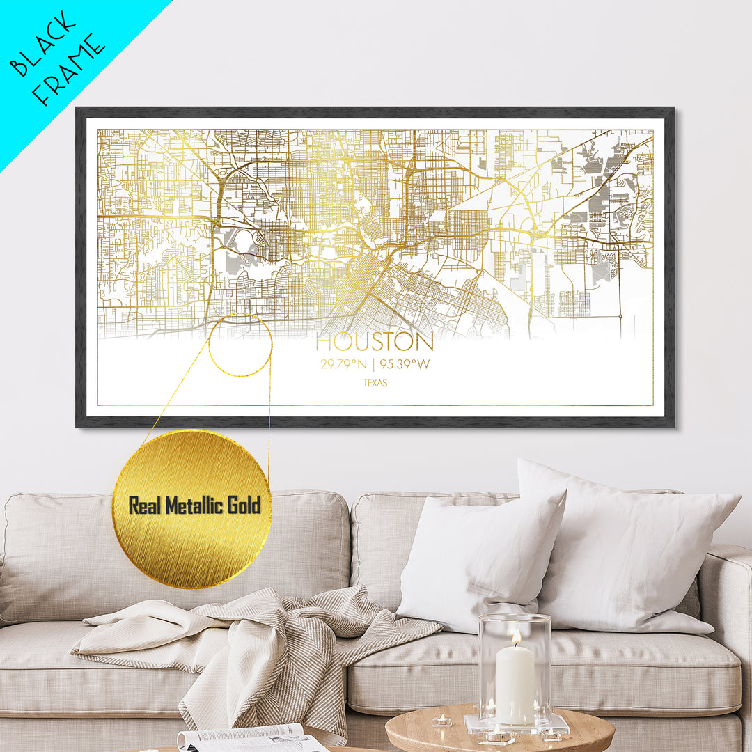 Houston Texas City street map, Metallic Gold Print, Metal Art, wood framed map, black and gold, Street Map Art, Travel Poster, Modern House Art