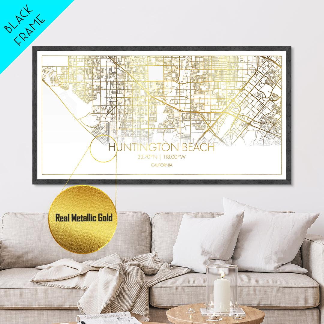 Huntington Beach California City Poster, Metallic Gold Art, Metal Art, real wood frames, black and gold, Street Map Wall Art, Office Decor