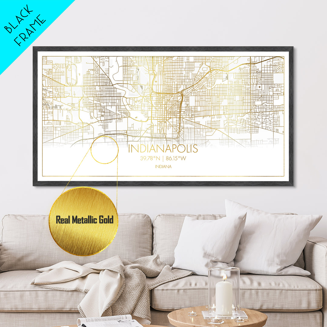 Indianapolis Indiana City Poster, Metallic Gold Art, Metal Art, real wood frames, black and gold, Street Map Wall Art, Map Print Poster