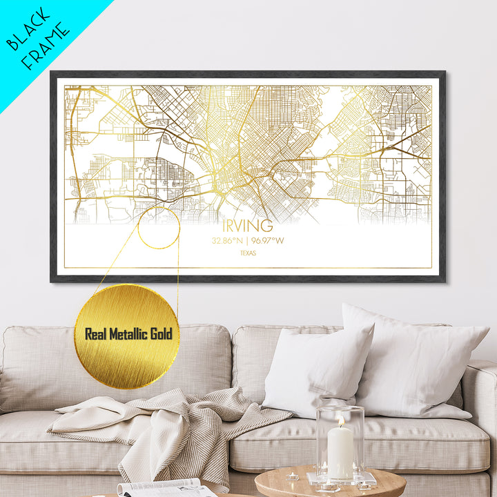 Irving Texas City Poster, Metallic Gold Art, Metal Art, real wood frames, black and gold, Street Map Wall Art, College Dorm Décor