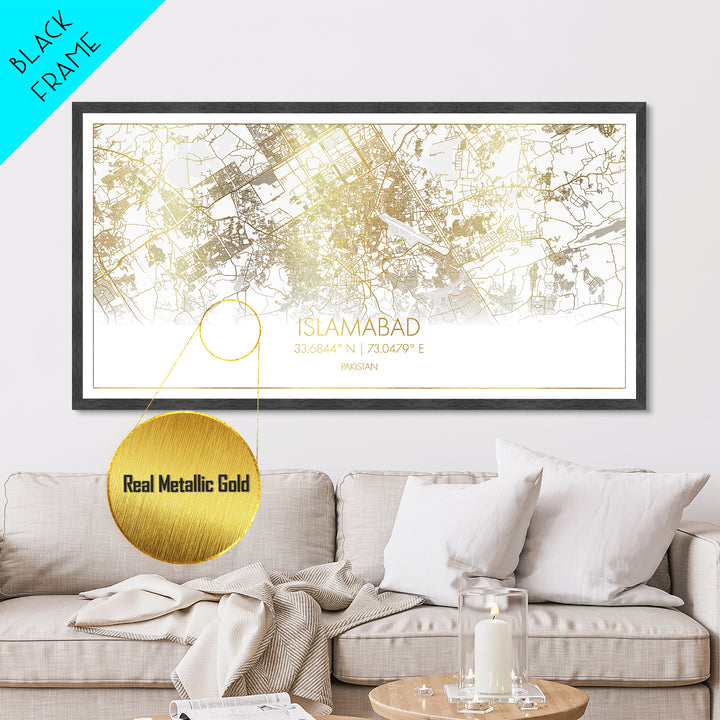 Islamabad Pakistan City street map, Metallic Gold Print, Metal Art, wood framed map, black and gold, Street Map Art, Best Friend Gifts