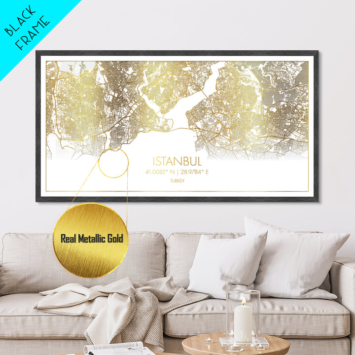 Istanbul Turkey City Poster, Metallic Gold Art, Metal Art, real wood frames, black and gold, Street Map Wall Art, Housewarming Gift
