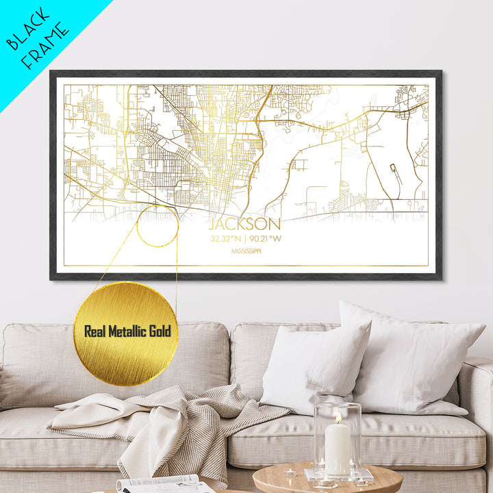 Jackson Mississippi City street map, Metallic Gold Print, Metal Art, wood framed map, black and gold, Street Map Art, Map Art
