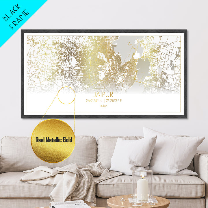 Jaipur India City street map, Metallic Gold Print, Metal Art, wood framed map, black and gold, Street Map Art, Gold Street Map Art