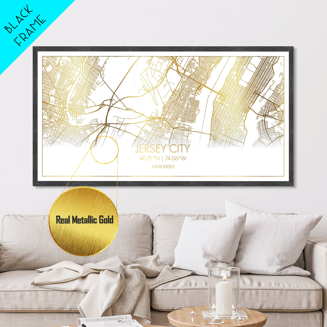 Jersey City New Jersey City Poster, Metallic Gold Art, Metal Art, real wood frames, black and gold, Street Map Wall Art, College Dorm Décor