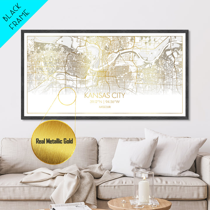 Kansas City Missouri City street map, Metallic Gold Print, Metal Art, wood framed map, black and gold, Street Map Art, Minimalist Wall Art