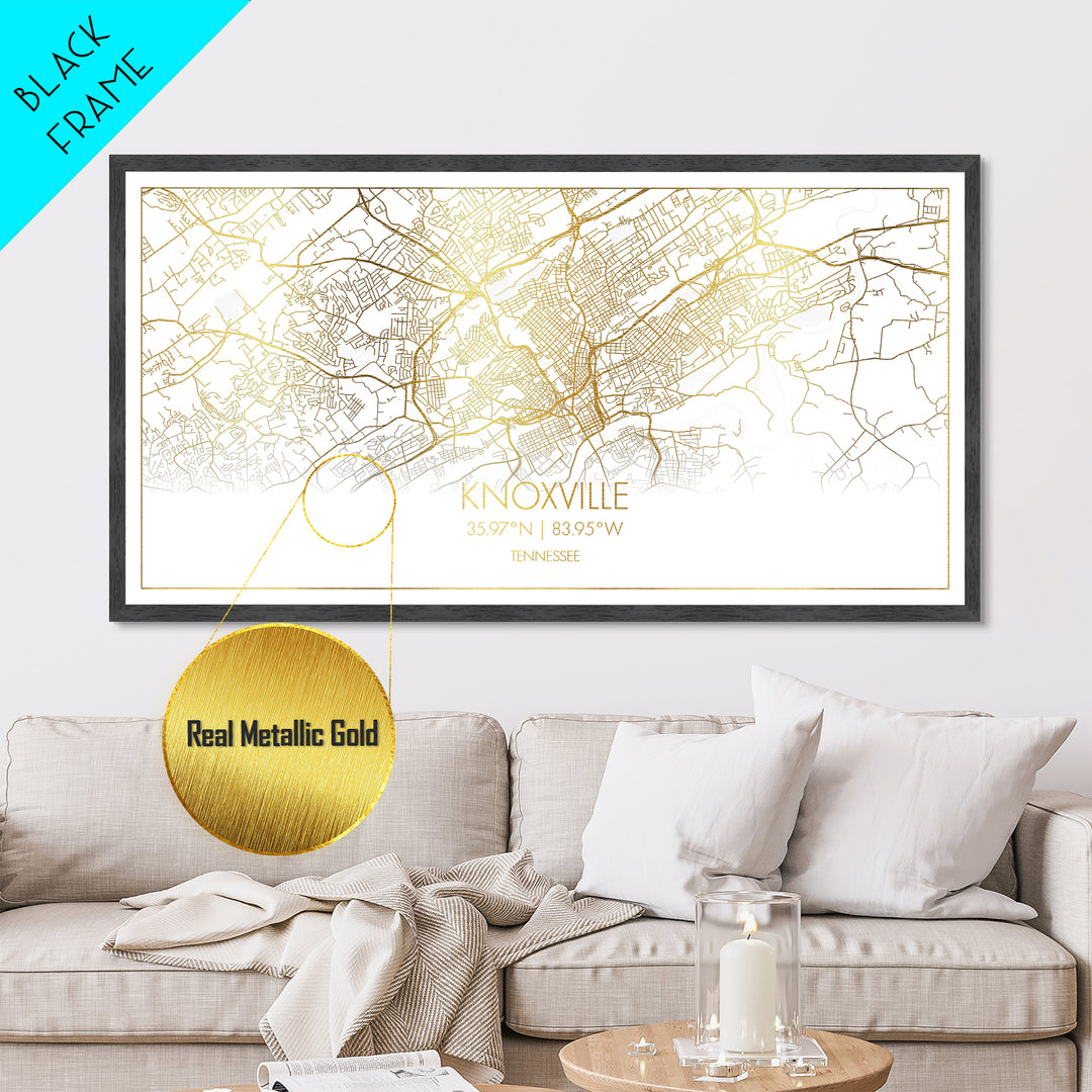 Knoxville Tennessee City Poster, Metallic Gold Art, Metal Art, real wood frames, black and gold, Street Map Wall Art, Best Friend Gifts
