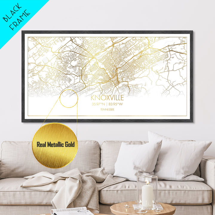 Knoxville Tennessee City Poster, Metallic Gold Art, Metal Art, real wood frames, black and gold, Street Map Wall Art, Best Friend Gifts