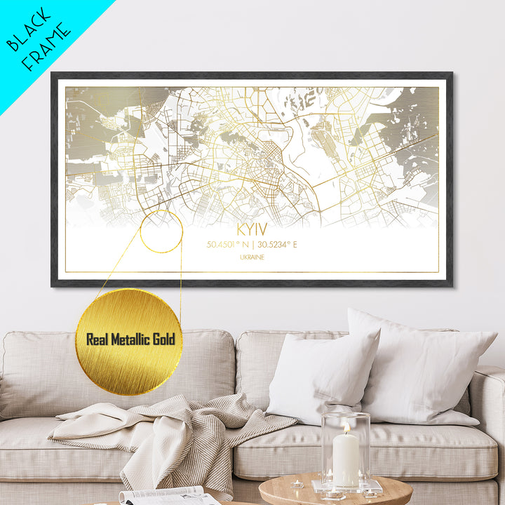 Kyiv Ukraine City street map, Metallic Gold Print, Metal Art, wood framed map, black and gold, Street Map Wall Art, Travel Poster