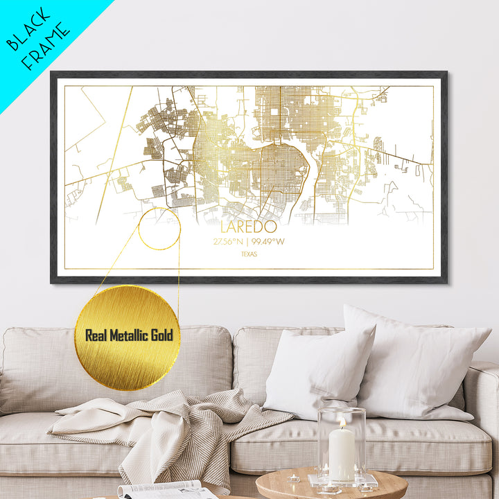 Laredo Texas City Poster, Metallic Gold Art, Metal Art, real wood frames, black and gold, Street Map Art, Modern House Art