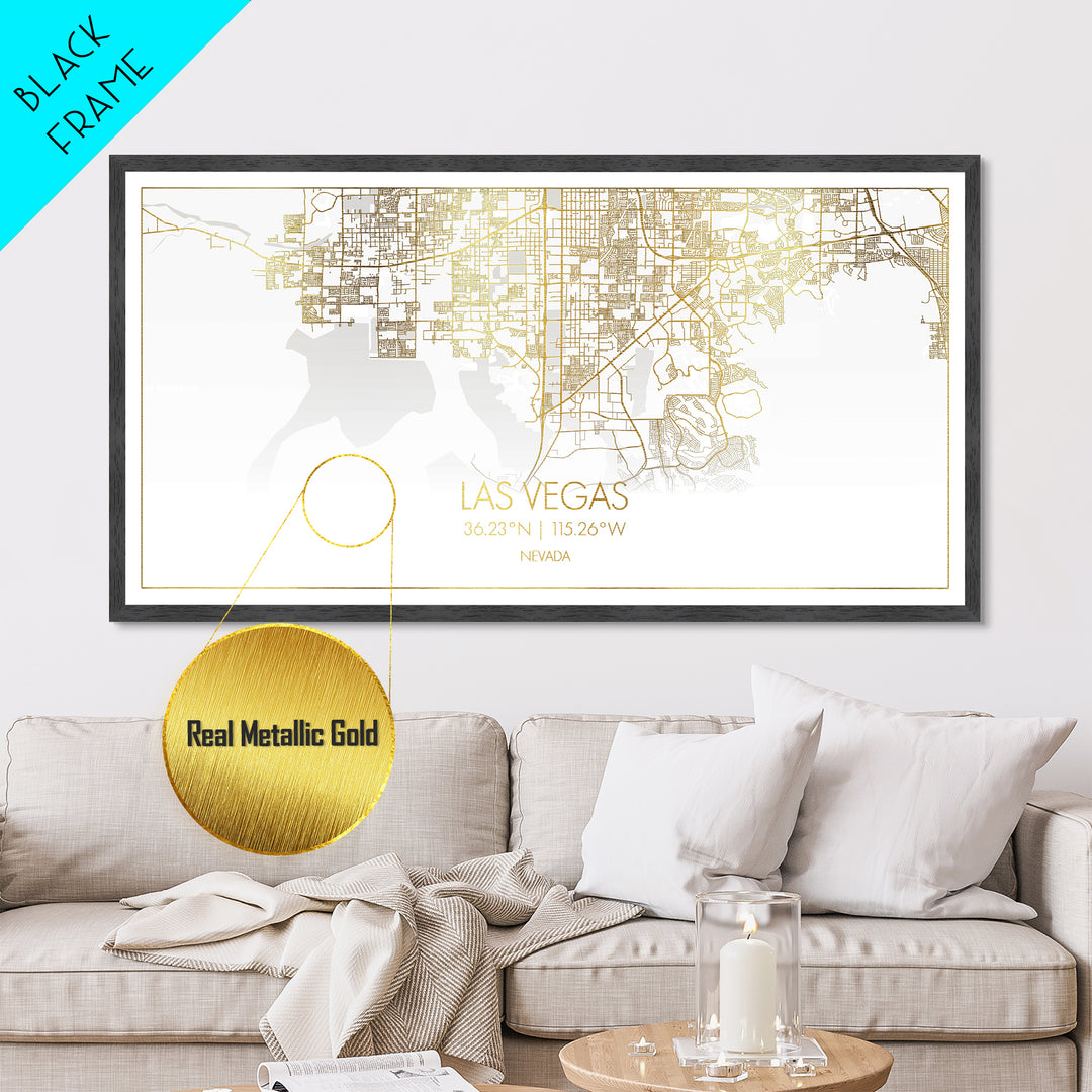 Las Vegas Nevada City street map, Metallic Gold Print, Metal Art, wood framed map, black and gold, Gold Street Map Art, Office Decor
