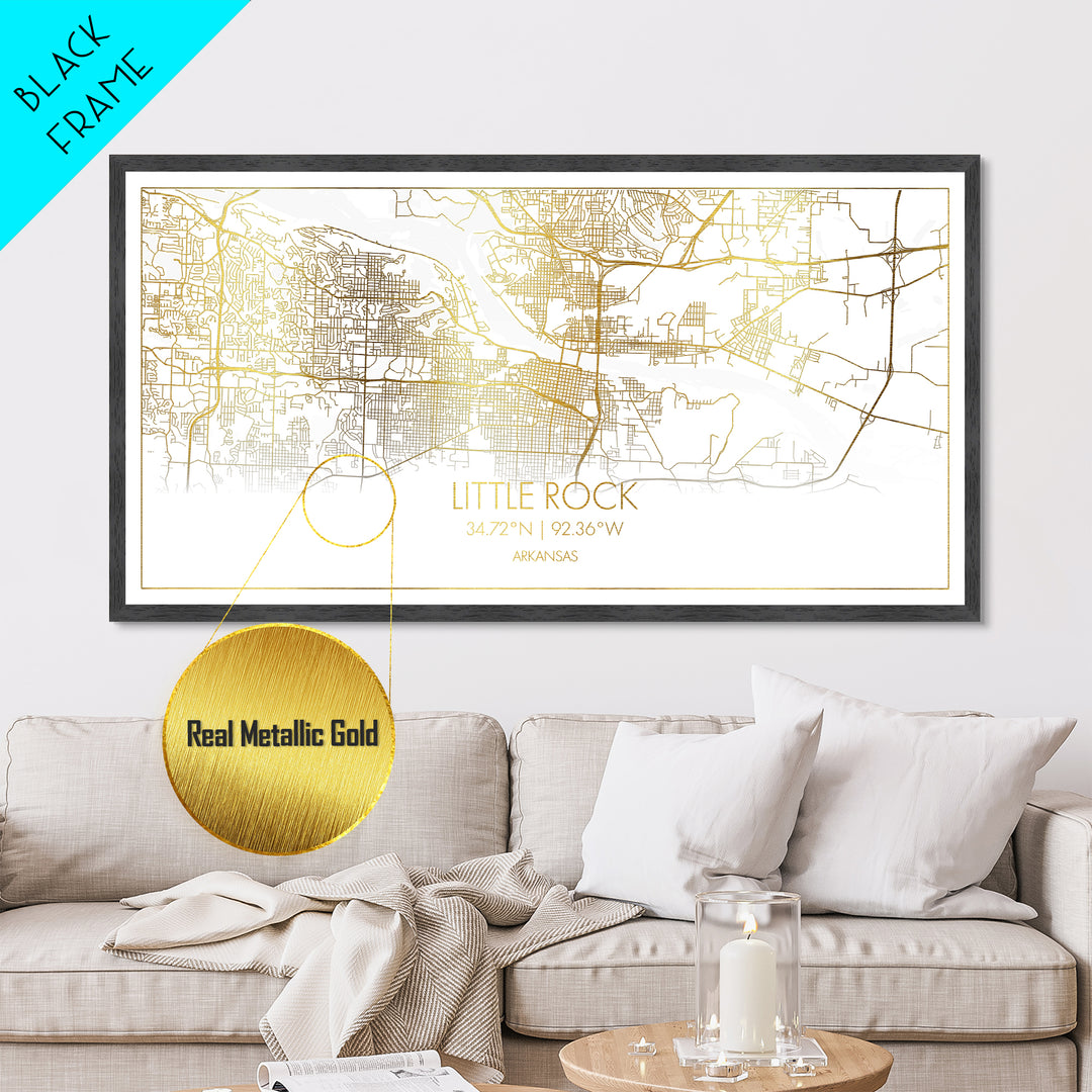 Little Rock Arkansas City Poster, Metallic Gold Art, Metal Art, real wood frames, black and gold, Street Map Art, Office Decor