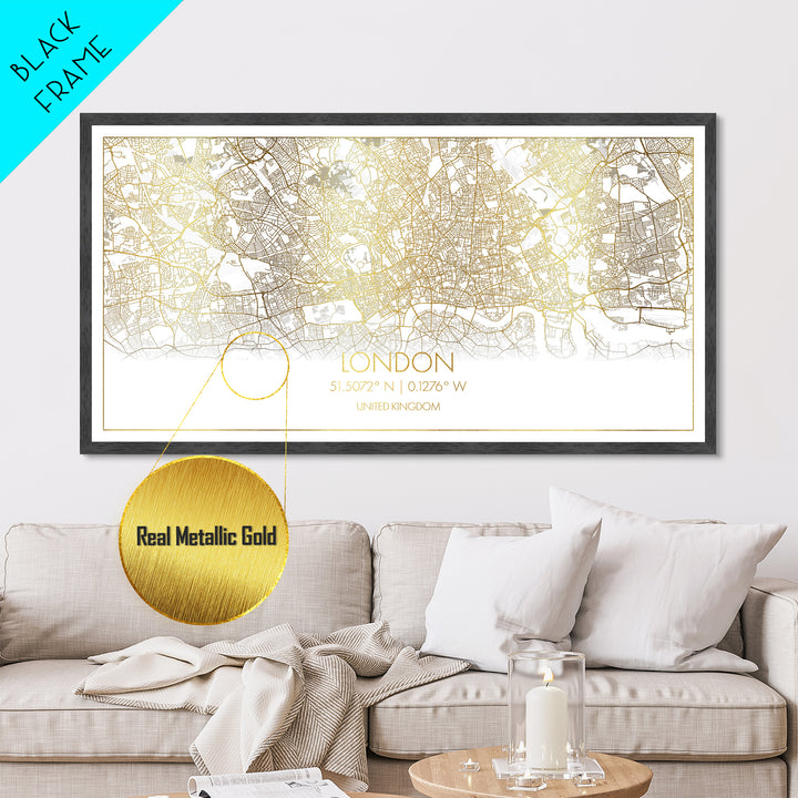 London United Kingdom City street map, Metallic Gold Print, Metal Art, wood framed map, black and gold, Street Map Wall Art, Housewarming Gift