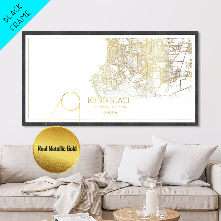 Long Beach California City Poster, Metallic Gold Art, Metal Art, real wood frames, black and gold, Gold Street Map Art, Minimalist Wall Art
